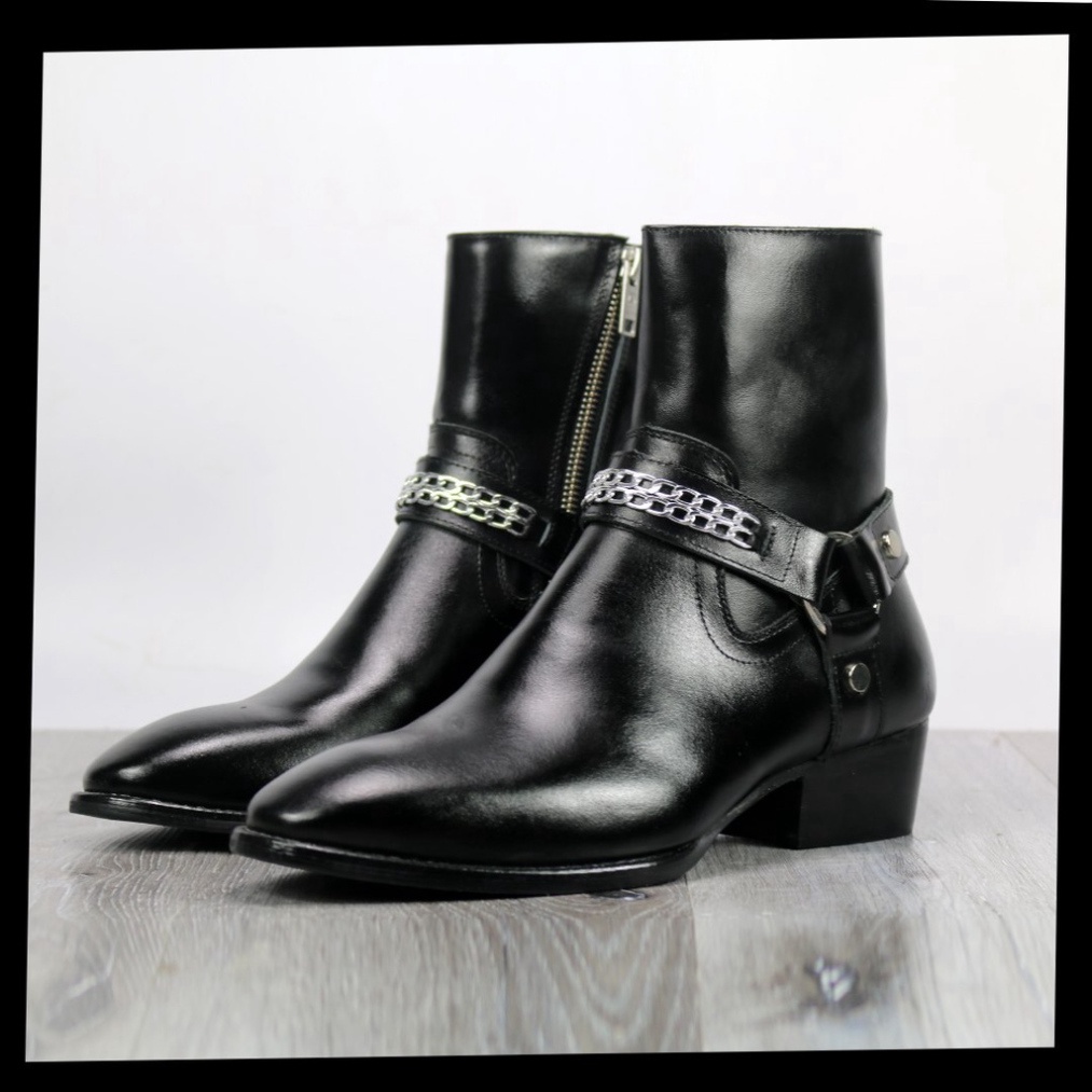 Giày thời trang nam cao cổ Harness boots da bò nguyên tấm đế gỗ tăng chiều cao 4.5cm | BigBuy360 - bigbuy360.vn