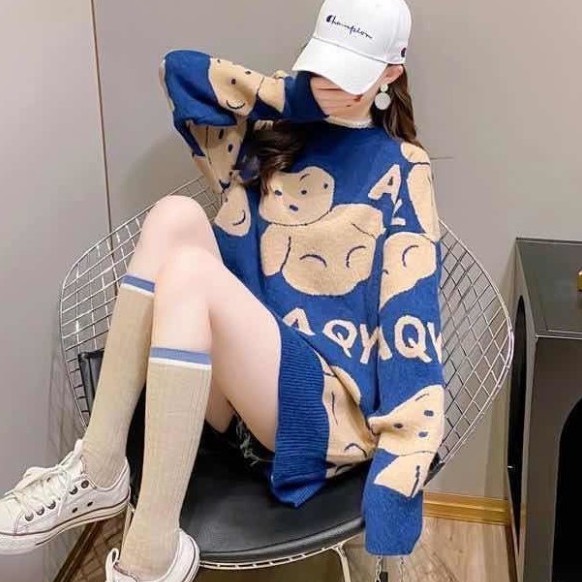 Áo Len Dài Tay, Áo Len FreeSize Hàng Quảng Châu Họa Tiết Gấu Chất Mịn, mềm mặc siêu ấm Sang Chảnh