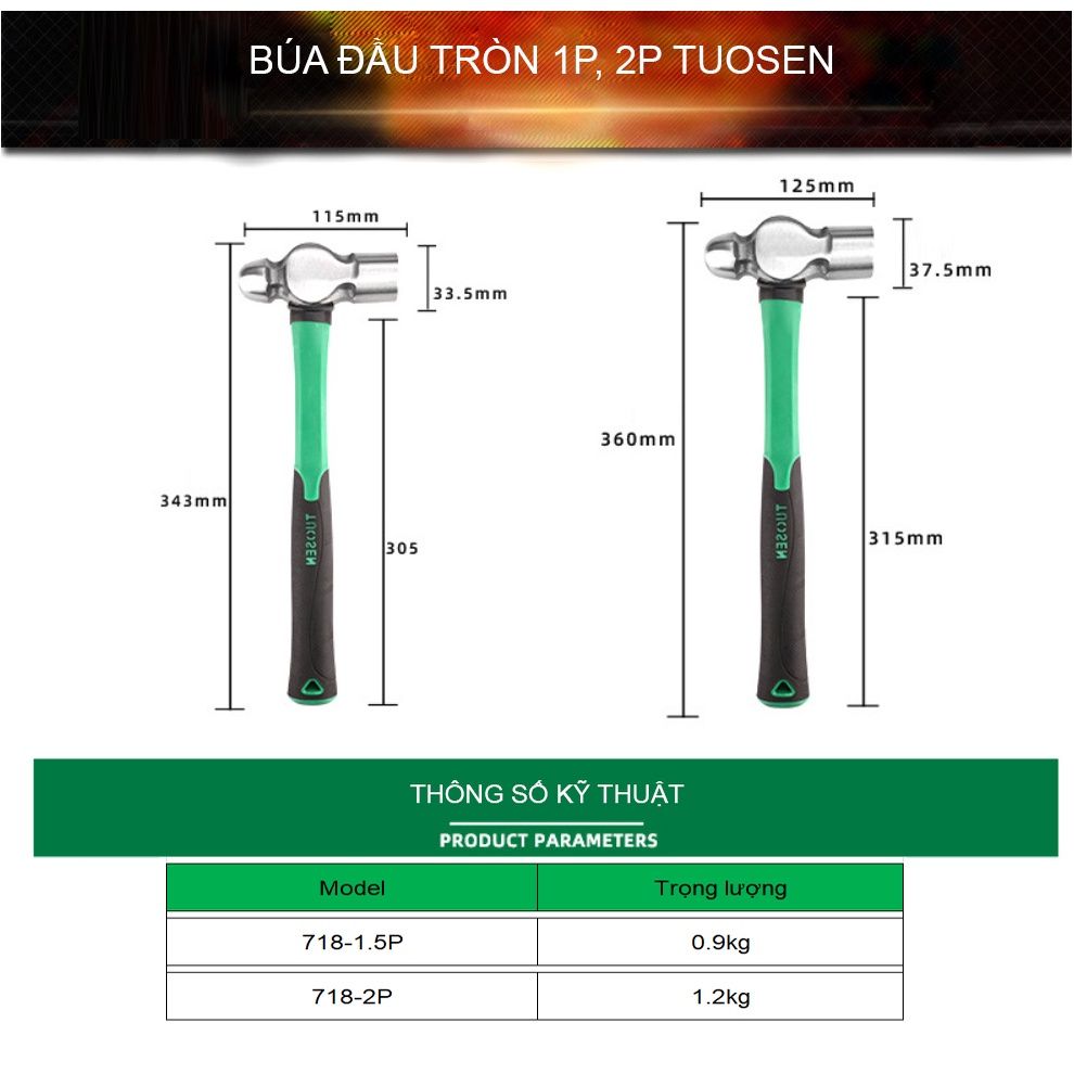 Búa đầu tròn 1P, 2P thép 65# Tuosen