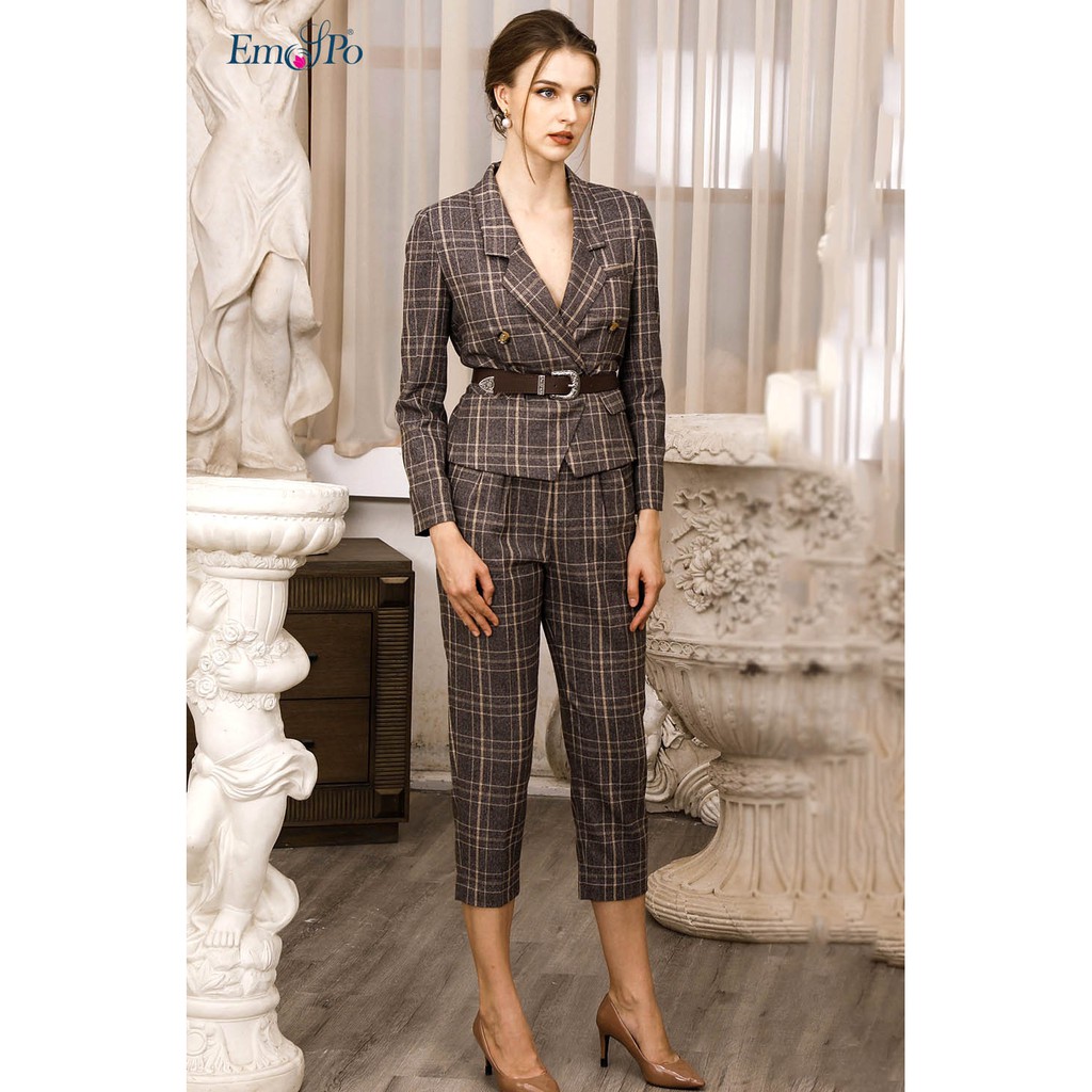 Áo vest kẻ cổ bẻ, 4 cúc Emspo AVQL0207 (có quần ghép bộ) (Nâu, Tím than)