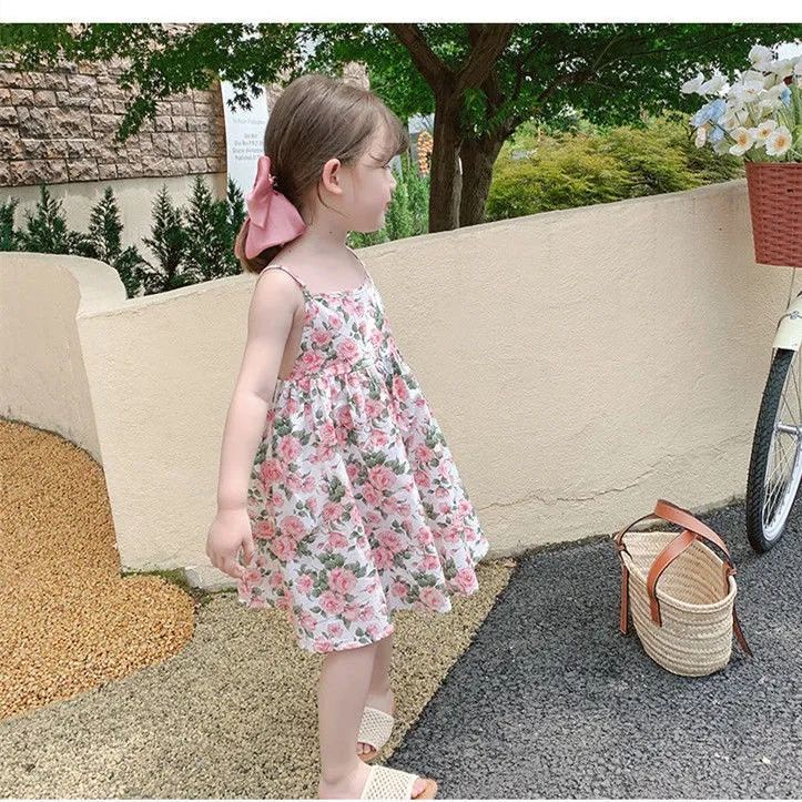 Đầm hai dây in họa tiết hoa phong cách Hàn Quốc thời trang mùa hè cho bé gái