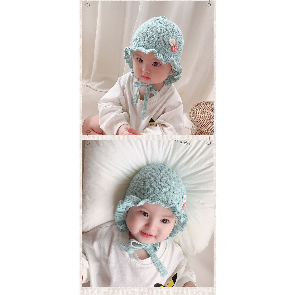 Mũ len bèo Hoa Cúc cho bé có dây buộc chống gió và giữ ấm cho bé từ 0 tháng đến 2 tuổi. Mũ nón len đội mùa đông cho bé