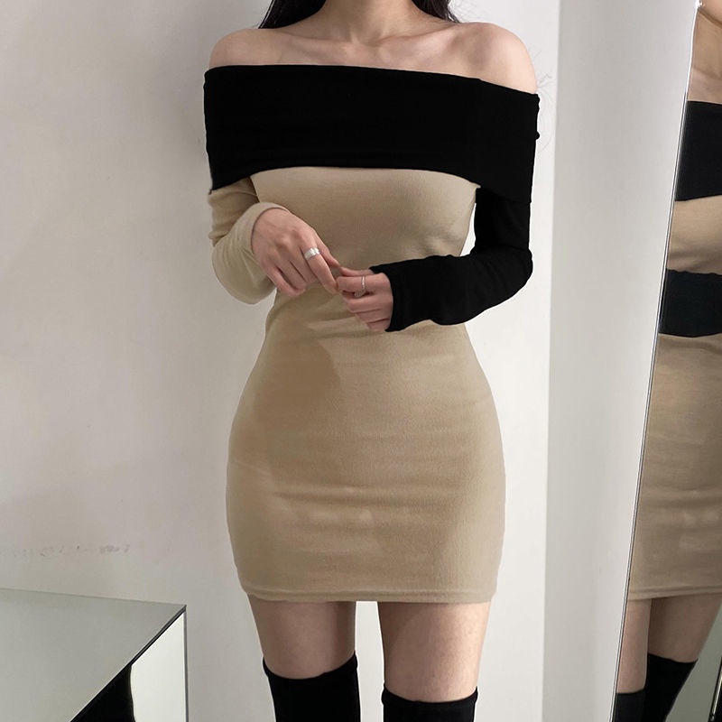 Đầm Ôm Hai Dây Màu Sắc Tương Phản Thời Trang Mùa Thu Quyến Rũ Cho Nữ