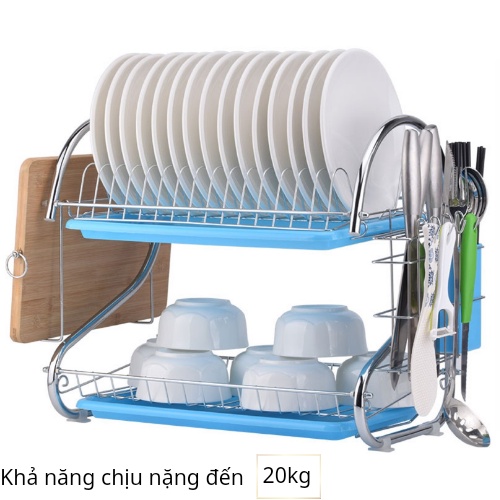 Trạn úp bát đĩa hình chữ S 2 tầng/Kệ để chén inox kết hợp để dao thớt có khay hứng nước siêu gọn tiện ích.