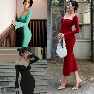 Đầm body đuôi cá bẹt vai phối dây tay dài có mút ngực