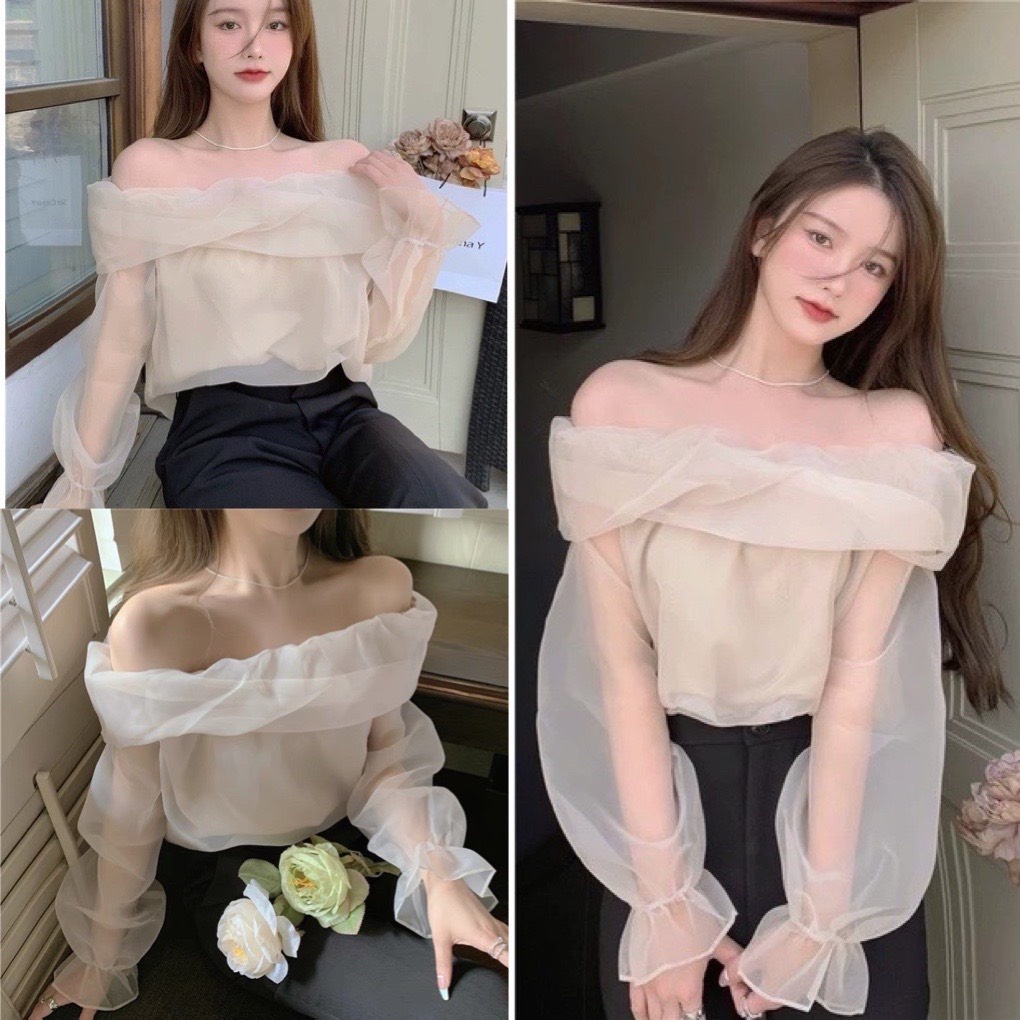 Áo trễ vai nữ dài tay bèo ngực- Áo tiểu thư hở vai chất VOAN TƠ 2 LỚP phong cách hàn quốc, NENEE