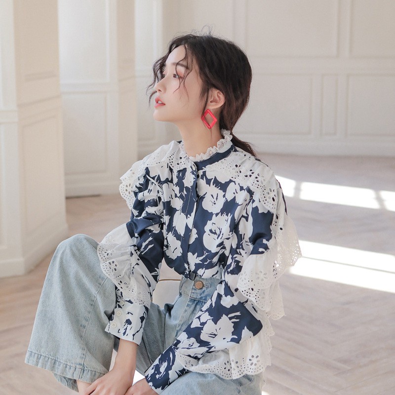 Shirt Design print lace stringy selvedge shirt New in spring and autumn women's clothing long sleeve batwing sleeve loos