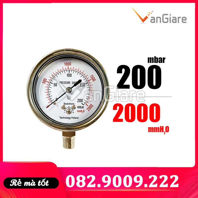 Đồng hồ đo áp suất thấp mbar, dùng cho khí, gas, chân đứng, Badotherm