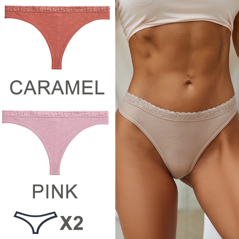 Set 2 quần lót Thong G-string ren hoa lưng thấp 9 màu trơn tùy chọn XS-XL