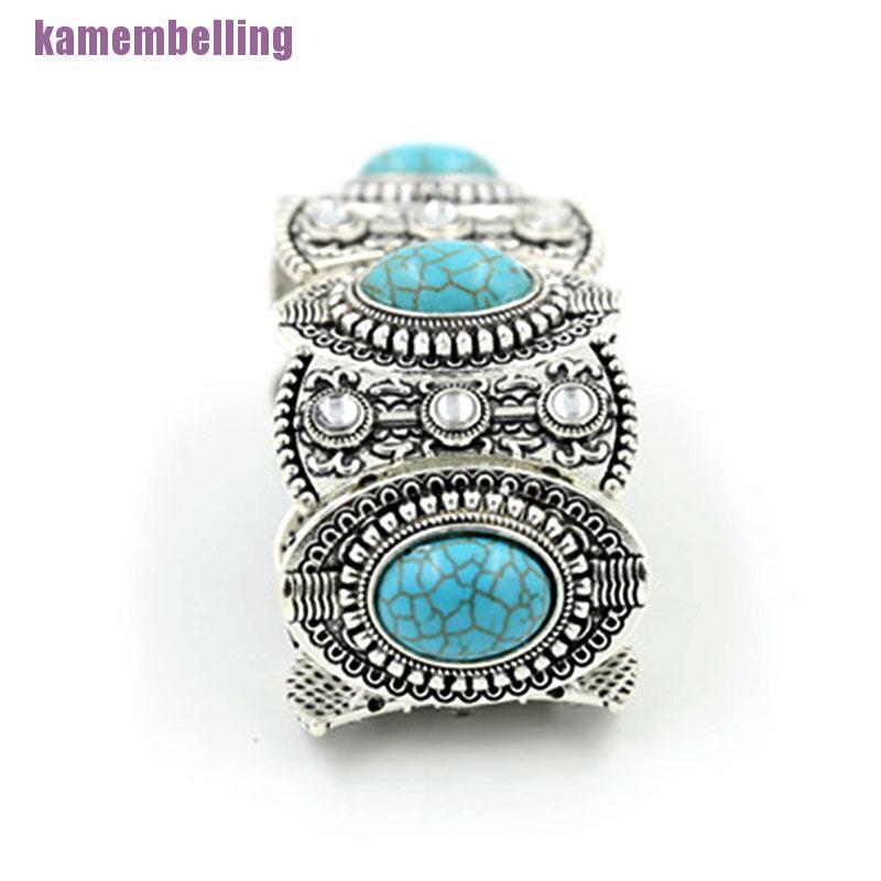 Vòng Tay Bạc Tây Tạng Đính Đá Ngọc Lam Tự Nhiên Phong Cách Boho Cổ Điển Dành Cho Nữ