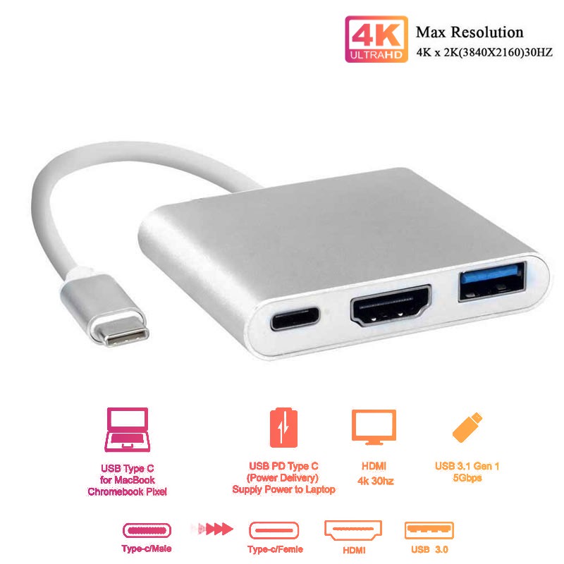 Hub Type C 3in1 - Cổng chuyển đổi HUB USB Type-C to HDMI, USB 3.0, PD Type-C cho Laptop Macbook, Điện thoại, Samsung Dex | BigBuy360 - bigbuy360.vn