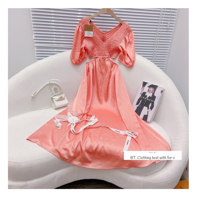 Đầm nữ maxi nữ cổ tim khoét eo tay bồng dáng xoè 3 màu