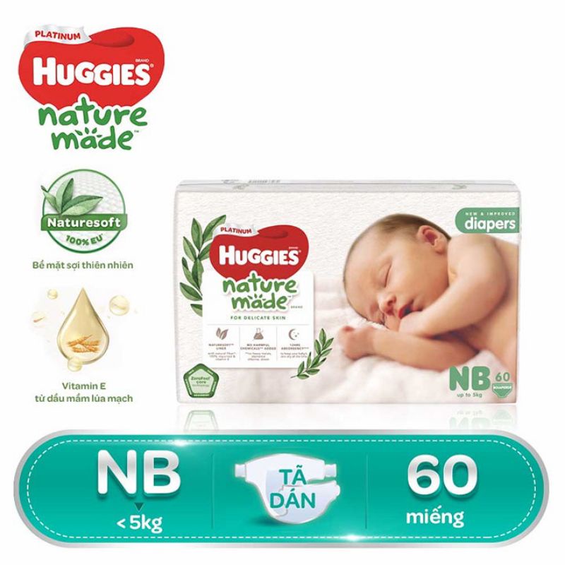 Bỉm Tã dán/ Tã quần siêu cao cấp Huggies Platinum Nature Made NB60, S82, M64/M58, L54/L44, XL44/XL38, XXL26 mới