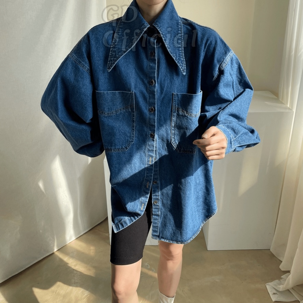 A24|Áo sơ mi denim Hàn quốc cho nữ retro cá tính hai túi lớn dáng rộng màu xanh GD Official