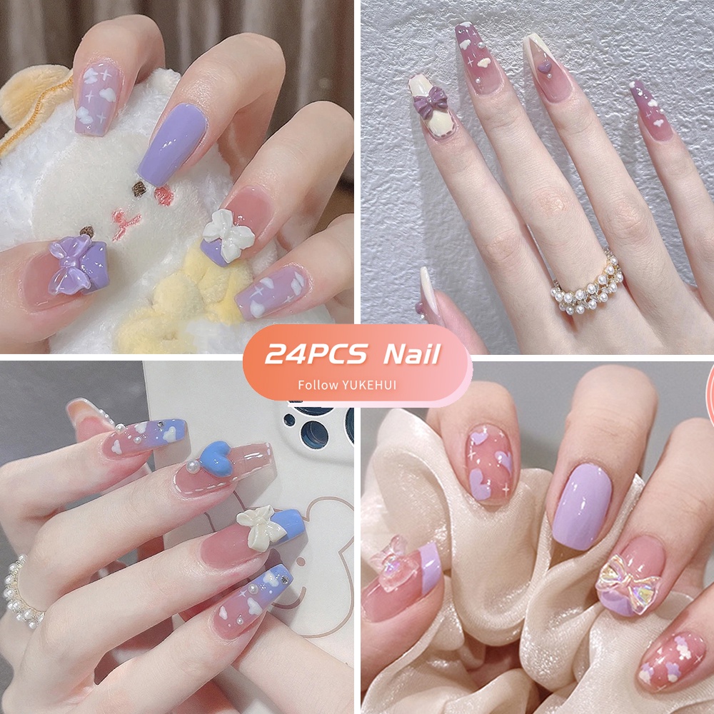 24 móng tay giả ngắn trang trí nghệ thuật xinh xắn