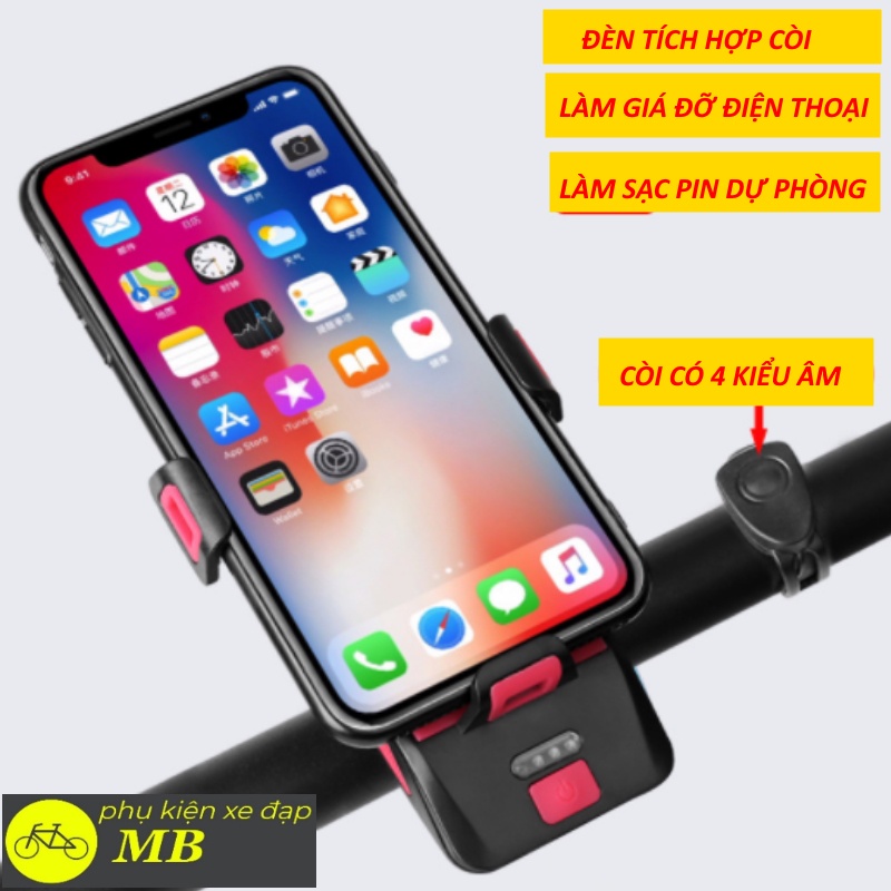 Đèn còi xe đạp siêu sáng sạc usb tính năng 4 trong 1  chống nước tuyệt đối