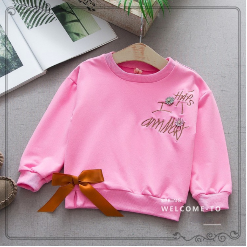 Áo thu đông bé gái họa tiết thêu chữ đính hoa và nơ bo gấu xinh xắn size 12-20kg AT