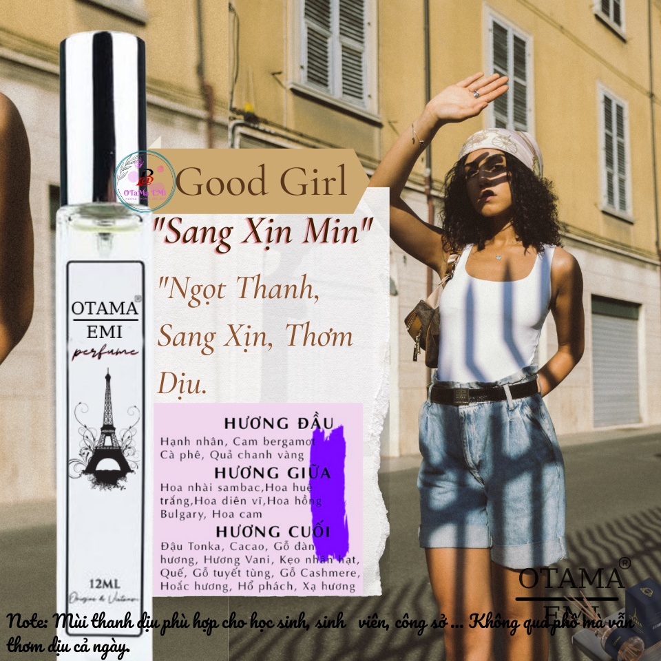 Nước hoa nữ bỏ túi thơm lâu 8 đến 12 h dạng xịt, Nuoc hoa Pháp Good Girl 12ml, Ngọt Ngào, Gợi Cảm, Quyến Rũ, Otama Emi