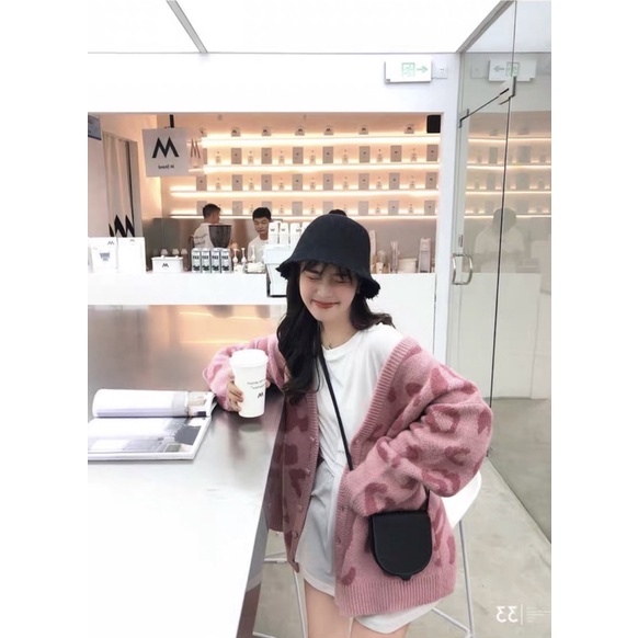 Áo Khoác Cardigan Hoạ Tiết Màu Hồng Len Chất Dày Form Rộng Dài