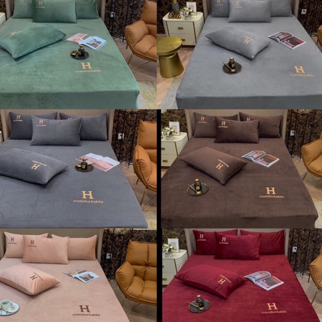 XẢ TOÀN BỘ SÉT 3 món ga gối nỉ nhung mịn thêu chữ h gồm 1 ga và 2 vỏ gối(bo chun hoặc phủ theo size đệm)