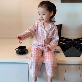 Bộ Đồ Ngủ Dài Tay Họa Tiết Caro Phong Cách Hàn Quốc Cho Bé Gái