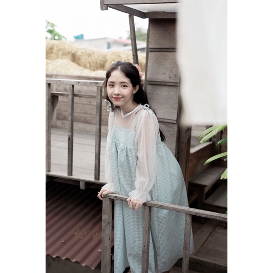 Đầm babydoll caro nhí phối ren tay phồng - TINY DRESS - CARROTFARM