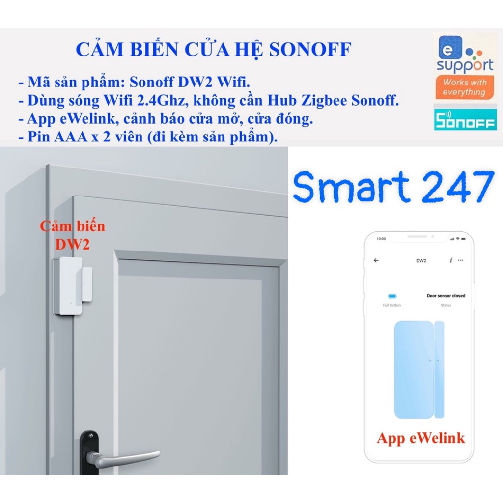 Cảm biến cửa Sonoff DW2 kết nối Wifi, App eWelink, GoogleAssistant, Alexa, Home Assistant