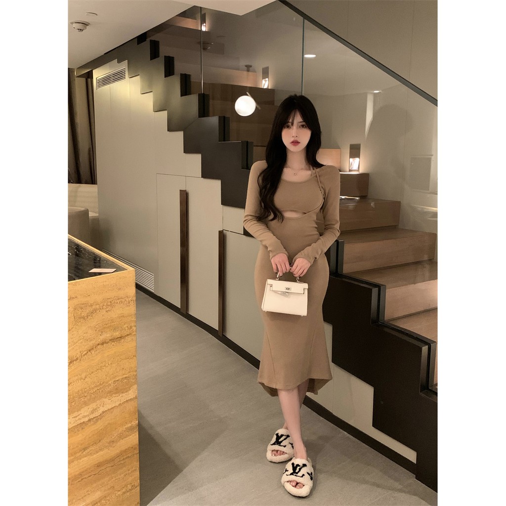 Đầm len dáng dài phong cách sang trọng khí chất hàng Quảng Châu cao cấp đầu xu hướng mùa thu 2021