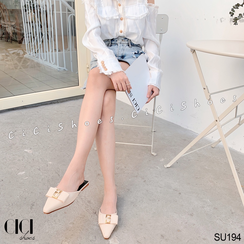 Giày sục nữ CiCi Shoes, dép sục mũi thon nơ ngang chữ G đồng - SU194