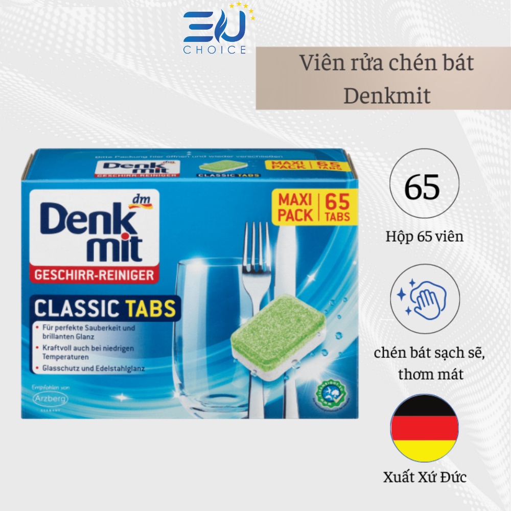 Viên rửa chén Denkmit hộp 65 viên, viên rửa bát sạch sẽ thơm mát nhập khẩu Đức