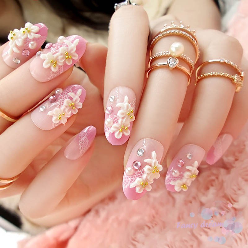 Bộ 24 Móng Tay Giả Họa Tiết Hoa Văn 3D Dùng Cho Tiệc Cưới