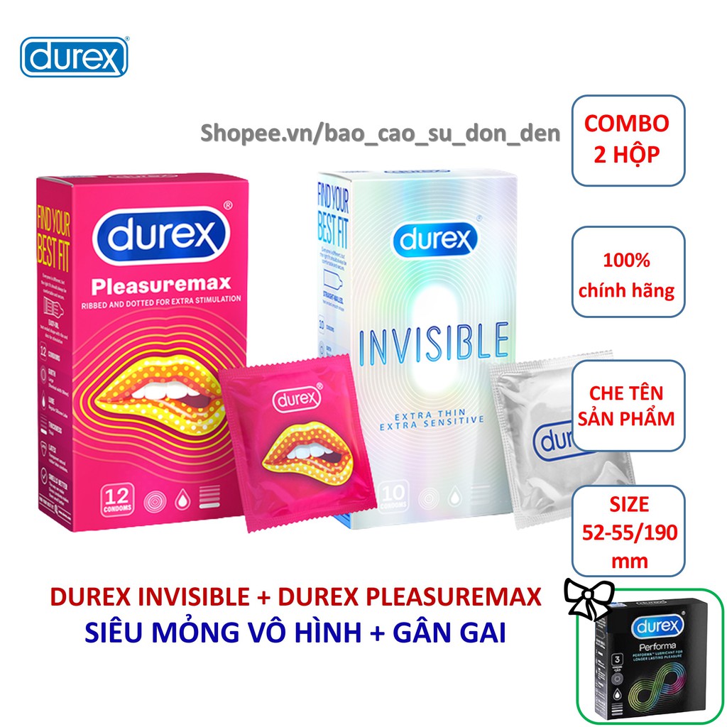 [DUREX CHÍNH HÃNG] COMBO 12 Bao cao su gân gai Durex Pleasuremax +10 Bao cao su siêu mỏng vô hình Durex Invisible