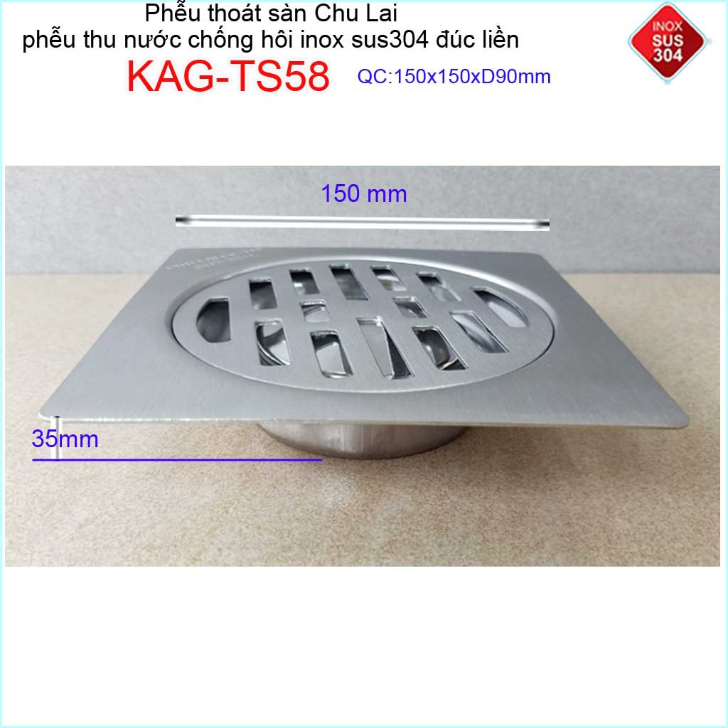 Phễu thoát sàn Chu Lai 15x15cm KAG-TS58-D90, Hố ga Thoát sàn chống hôi ống 9cm inox 304 đúc dày thoát nhanh chặn tóc tốt