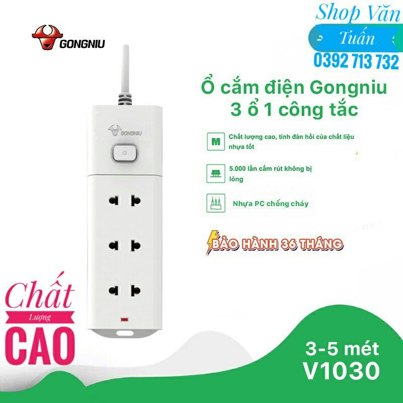 Ổ Cắm Điện Gongniu 3 ổ 1 Công Tắc-2500W/10A