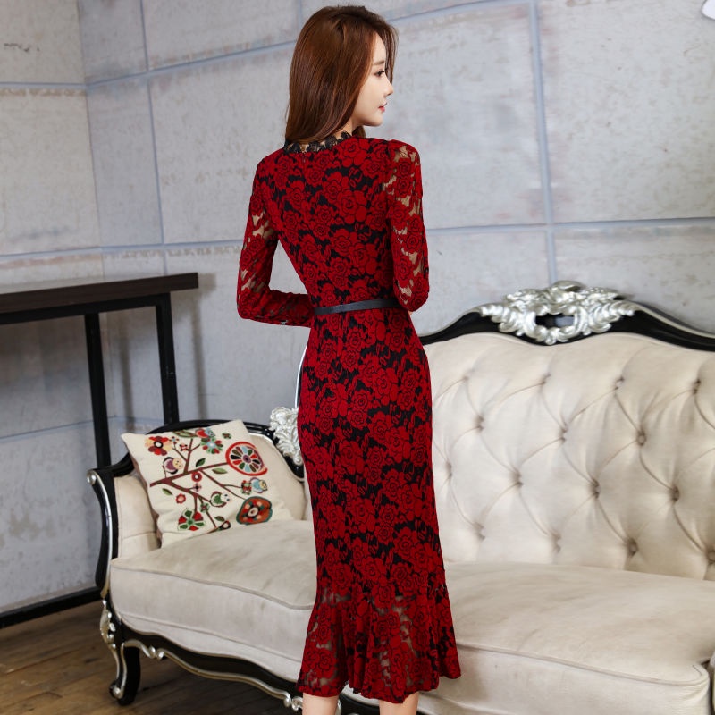 Đầm ren đuôi cá tay dài phong cách Hàn Quốc thời trang xuân thu dành cho nữ 2023