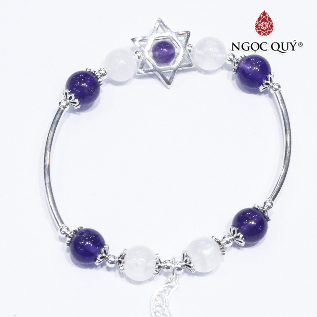 Vòng TA ưu linh trắng phối TA tím charm bạc - Ngọc Quý