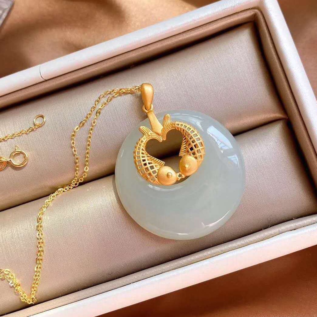 Mặt Vòng cổ Hình Cá Chép Trắng Vàng Ngọc Bích Cho Nữ