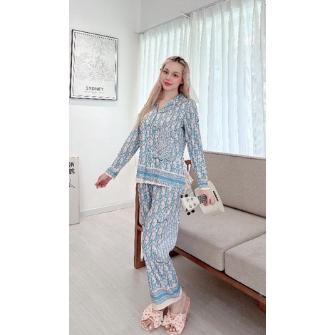 Set pijama Dior xanh lụa xước hàng SAM cao cấp