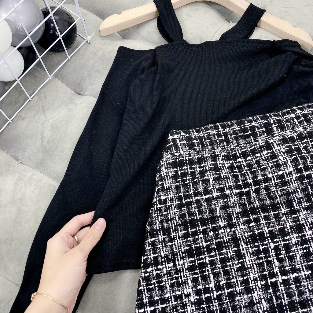🍓 Set áo yếm len tăm hở vai quảng châu dày dặn mix chân váy dạ caro có quần trong, chun sau dễ mặc.