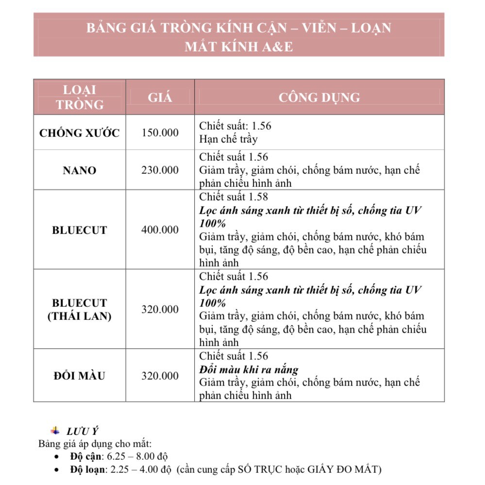 Trong kính cận các loại, độ > 6,0 độ và loạn > 2,0 độ - tròng cận các loại chống xước, Bluecut, Nano, đổi màu