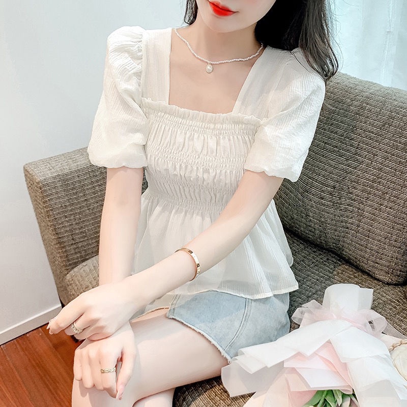 Áo Kiểu Tay Phồng Ngắn Cổ Vuông Xếp Ly Phong Cách Hàn Quốc Ngọt Ngào Cho Nữ