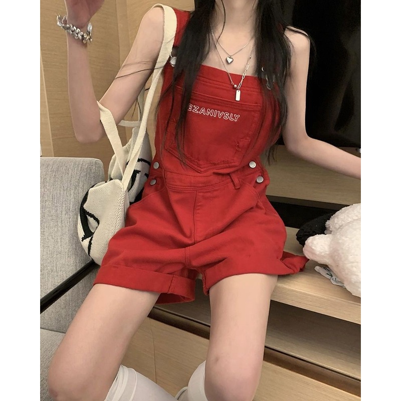 Quần Yếm Denim Ngắn Lưng Cao Ống Rộng Thời Trang Mùa Hè Phong Cách Mới Cho Nữ