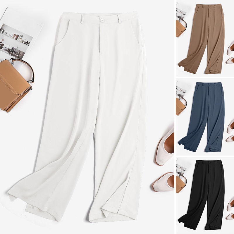 Quần dài ZANZEA ống rộng có túi phối khóa kéo phía trước thời trang cho nữ