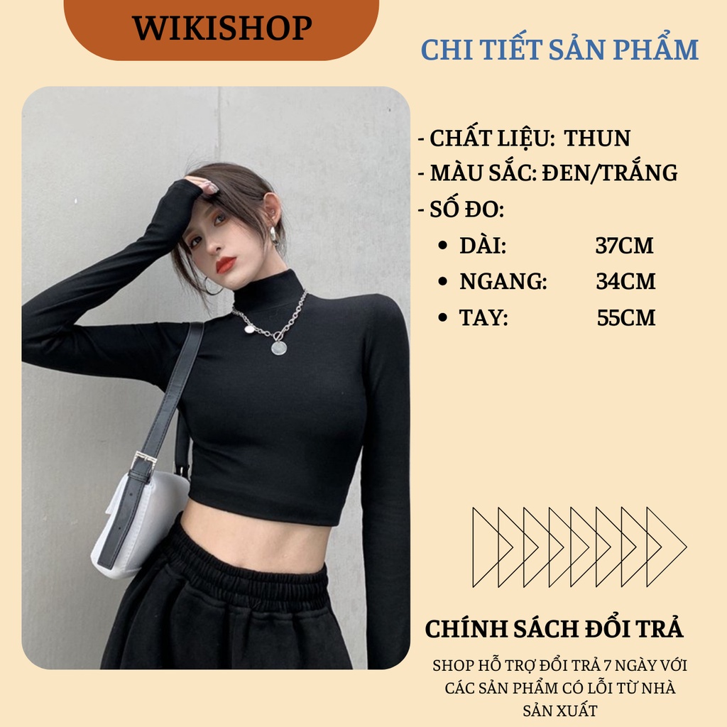 Áo croptop dài tay cao cổ đen trắng Wikishop freesize phom ôm sexy tôn dáng hở eo phong cách hàn quốc C643
