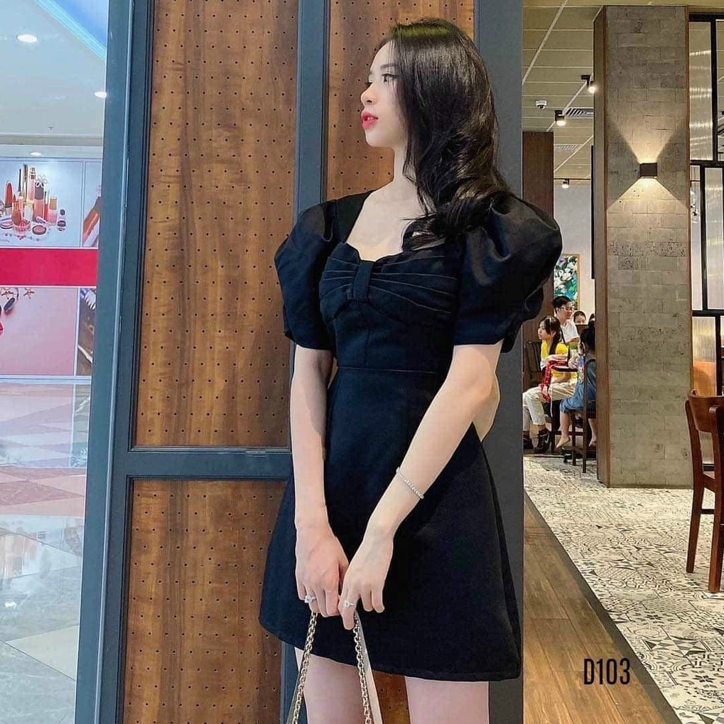 Váy đầm nữ dáng xòe tay phồng kết nơ sau lưng