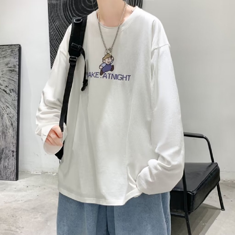 Áo Thun Tay Dài Cổ Tròn Dáng Rộng In Họa Tiết Hoạt Hình Phong Cách Hip Hop Hàn Quốc Thời Trang Cho Nam M-5XL
