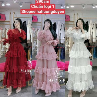 Sẵn 4 màu Váy voan nhiều  tầng dài tay cổ tàu / Váy maxi công chúa xòe tầng dài tay