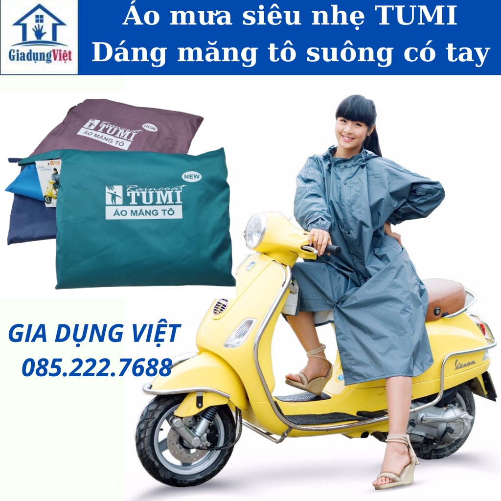 Áo mưa măng tô TUMI NEW siêu nhẹ nam nữ chống thấm, dáng suông, tay dài, có mũ, khóa kéo kèm khuy bấm tiện lợi