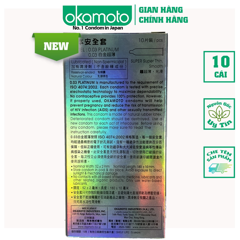 Bao cao su Okamoto 0.03 Platinum Trong Suốt Mềm Mại Hộp 10 Cái