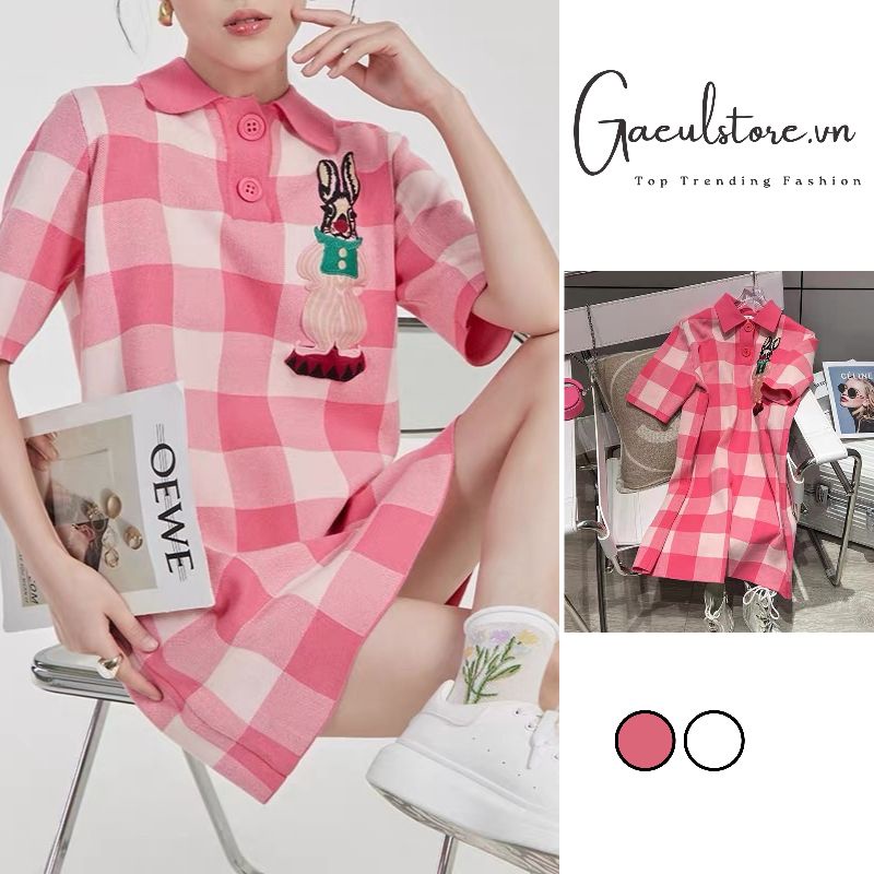 Gaeul store- váy len caro thỏ hồng polo Quảng Châu